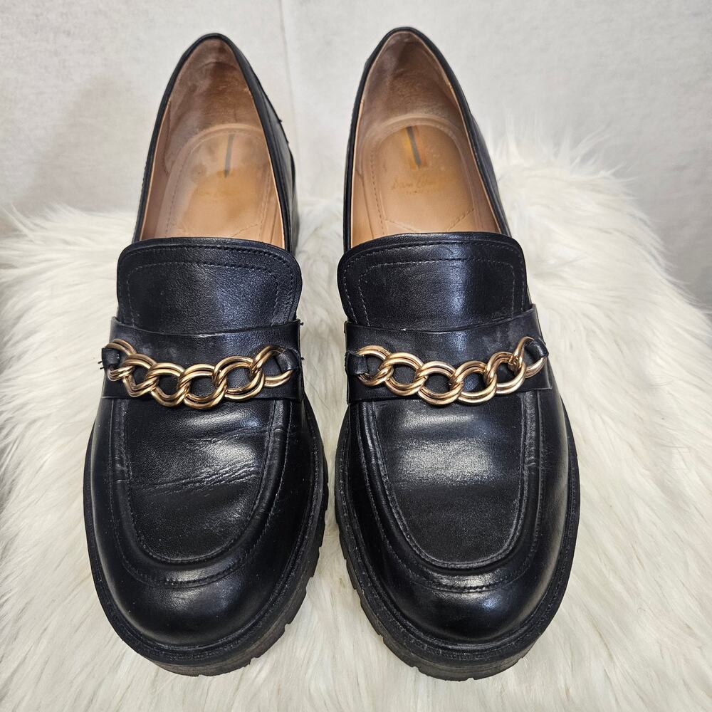 Sam Edelman Black Chunky Lug Sole Loafers with Gold Chain Detail Size 8.5